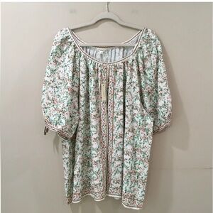 max studio Top Blouse White Green  Women Plus 3X  floral Print Boho Cottage New